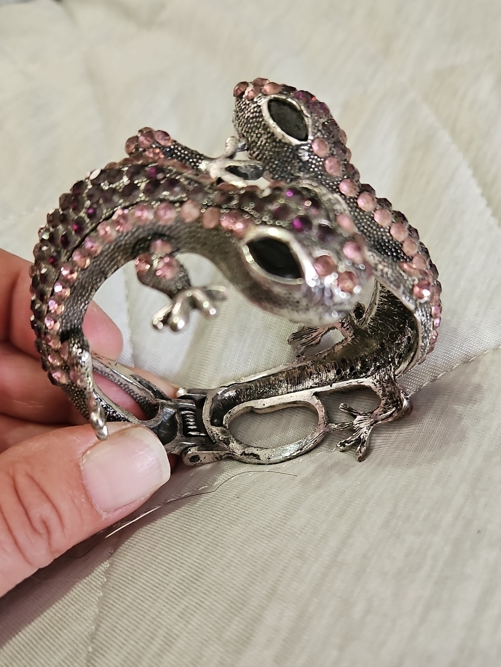 Silver Lizards with Pink Crystal Accents - Decorative Reptile Hinge Bracelet